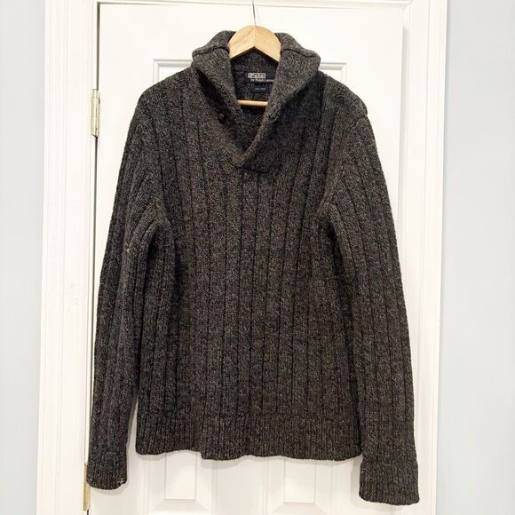 Ralph Lauren Polo Shawl collar Sweater XXL 100% Wool Grey Academia Winter Snow - Picture 2 of 8